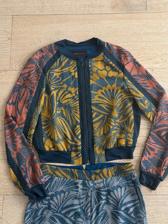 BCBGMaxAzria Tops - BCBGMaxAzria Floral Pattern Bomber Jacket in Mustard, Teal & Coral